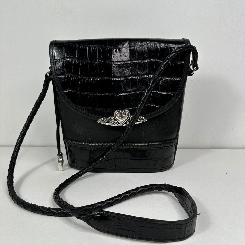 Brighton Vintage Leather Crossbody Bucket Black Heart Charm
